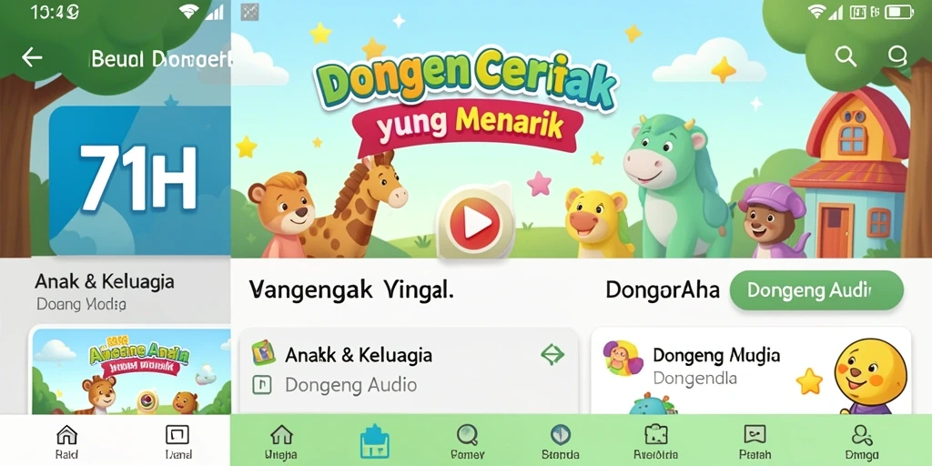 Tampilan antarmuka aplikasi 71H menampilkan beragam cerita audio anak.