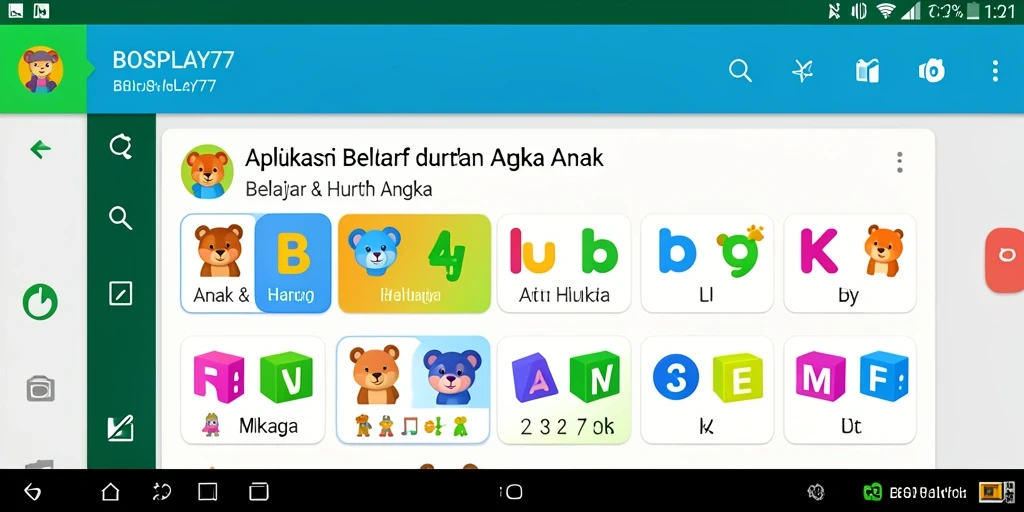 Tampilan antarmuka BOSPLAY77 yang interaktif dan ceria untuk belajar huruf dan angka.